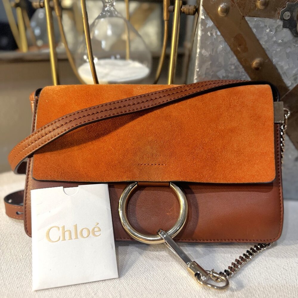 Chloé Faye Small Shoulder Bag – Cognac Leather & Suede